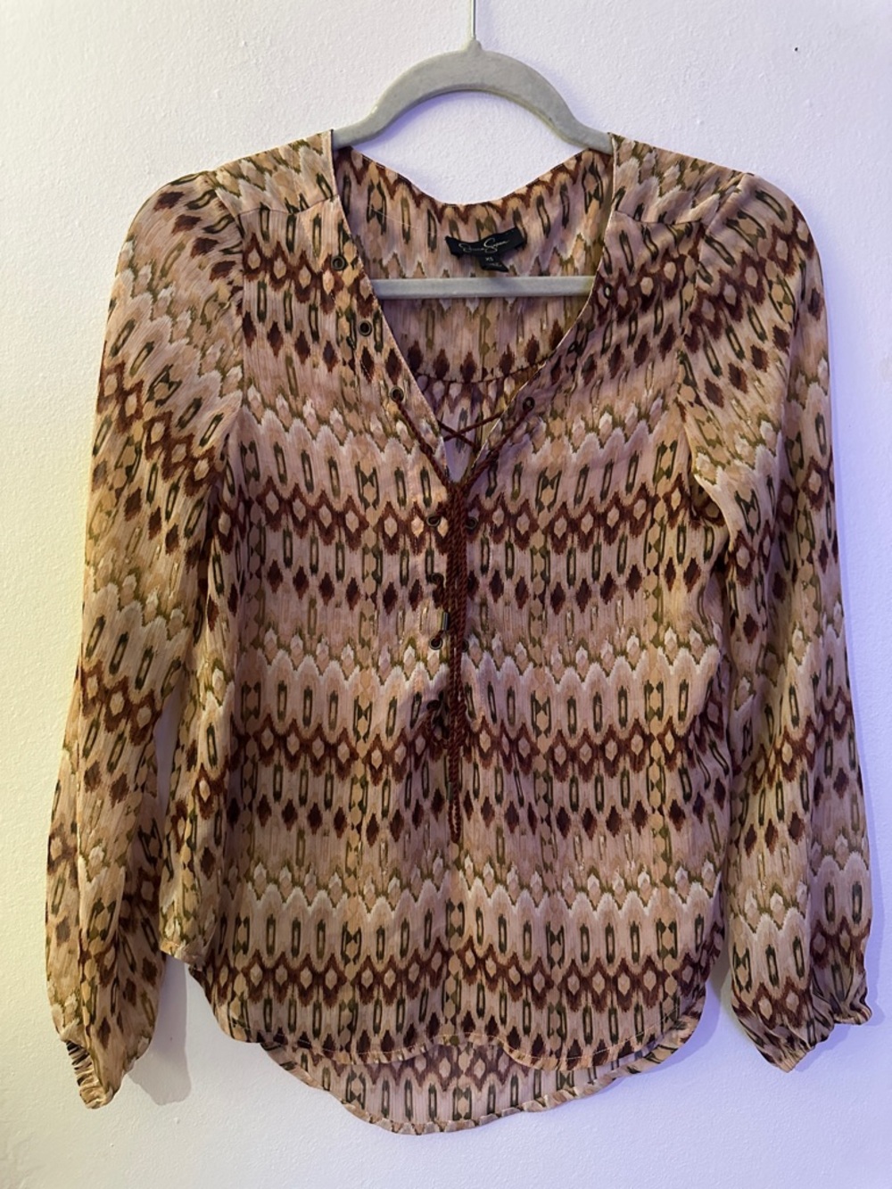 Jessica Simpson Taupe and Brown Printed V-Neck Tie Blouse - Preloved